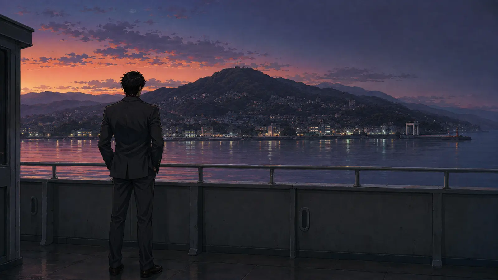 A lone investigator looking toward Misakihama from a ship