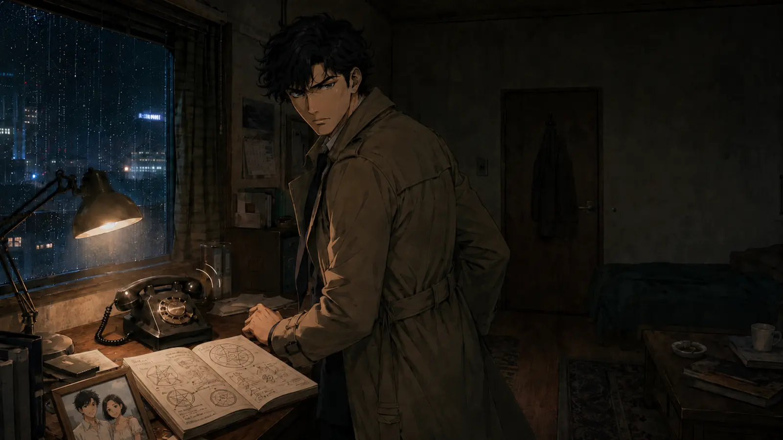 Investigator studying occult notes in a rain-soaked room
