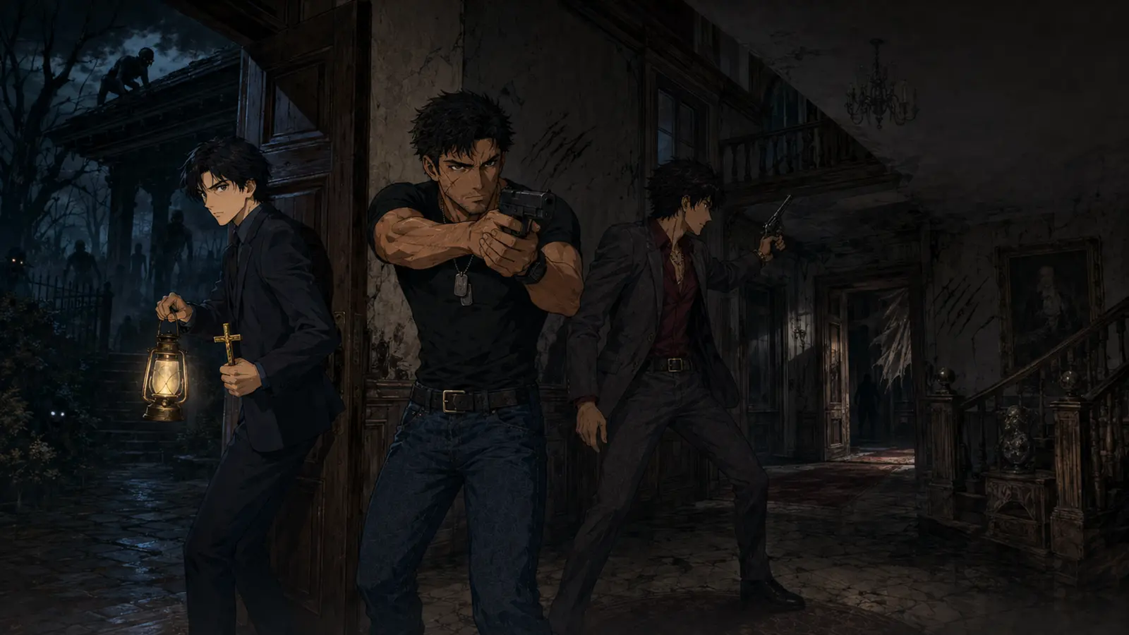 Three investigators entering a haunted mansion at night