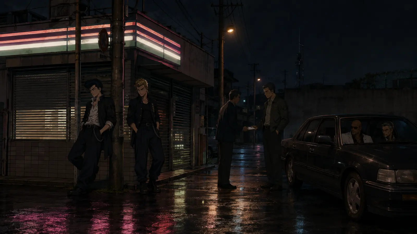 Criminal meeting on a wet street outside a closed convenience store