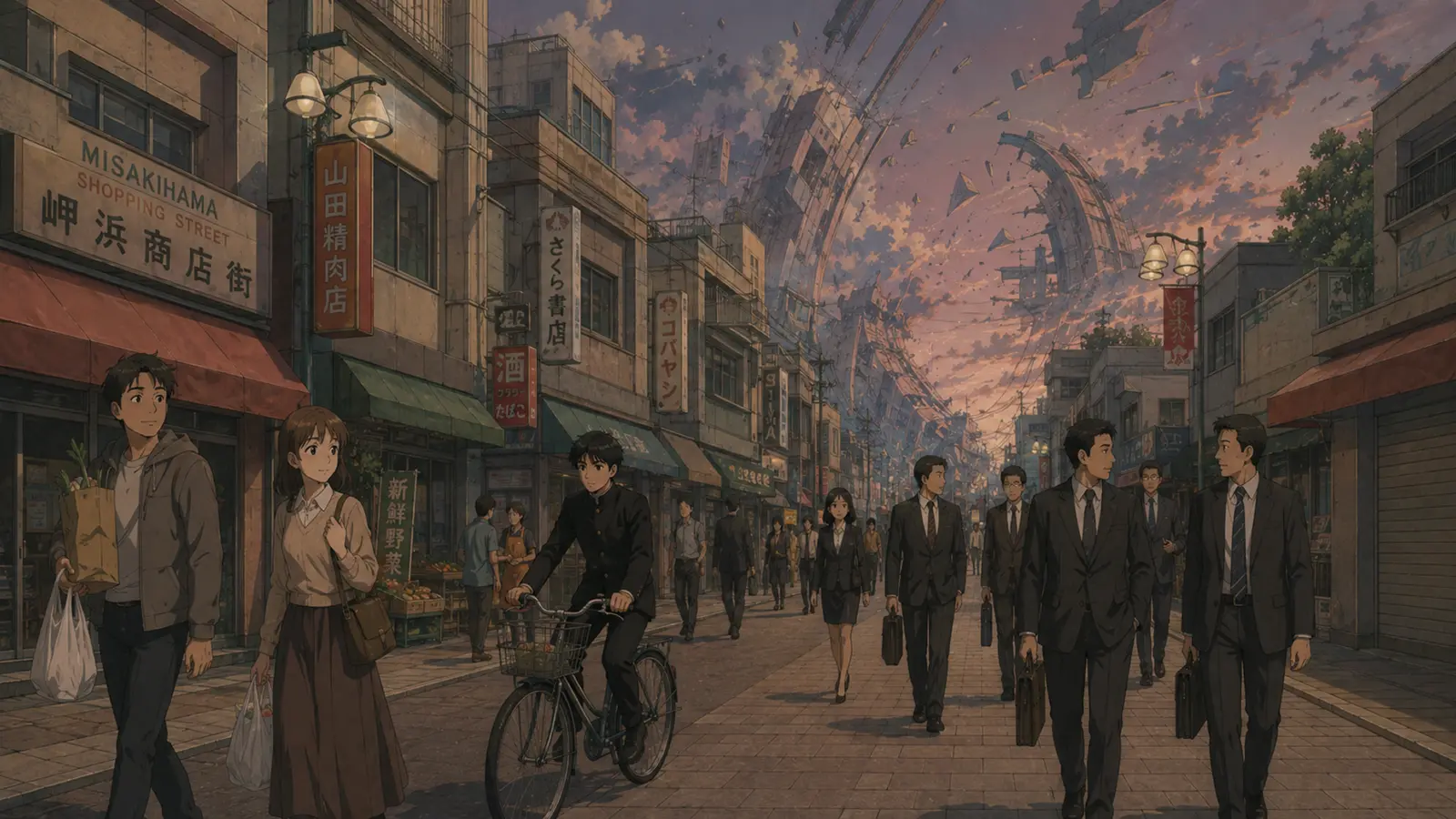 Misakihama shopping street beneath an impossible fractured sky